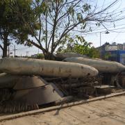 Salvaged bombs outside the tourist office